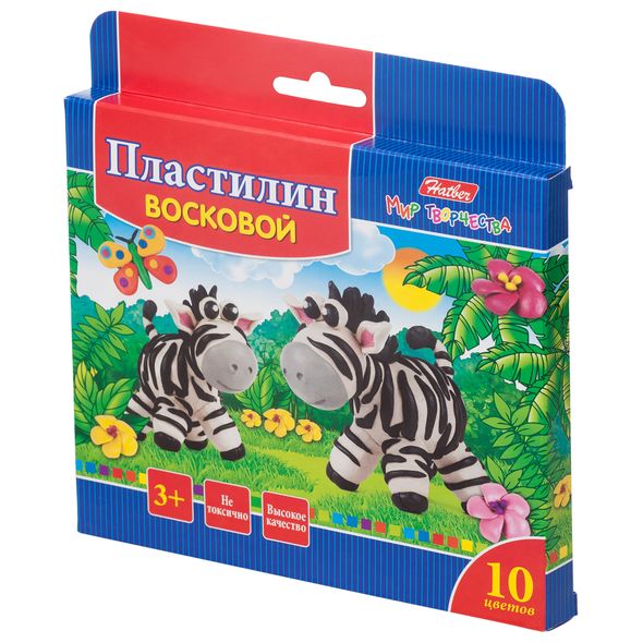 Пластилин Восковой 10 цв. 150г Hatber со стеком-Забавные зверята-   в карт.короб. с европодвесом , 